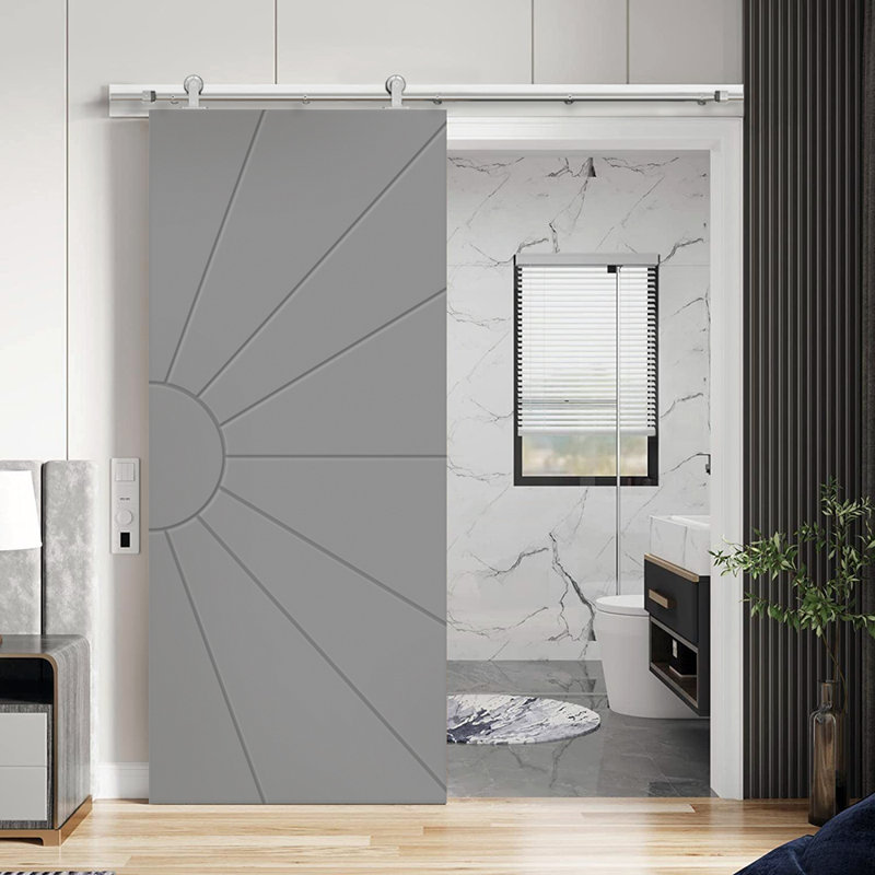 Porte de grange à panneaux et en bois manufacturé avec quincaillerie d'installation, 42 po x 80 po, Gris clair