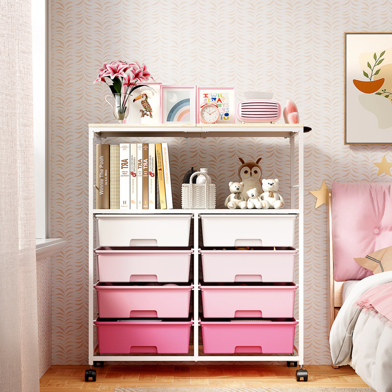 8 Drawers Rolling Storage Cart with Wooden Top, Multipurpose Utility Cart with Opening Shelf & Lockable Wheels, Storage Drawer Rolling Cart Organizer