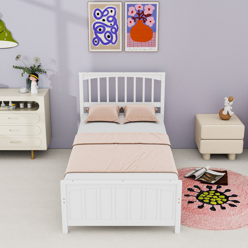 Lit plateforme simple en bois avec tête de lit et lattes, Blanc