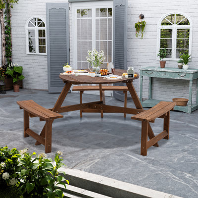 Bahnu 6 - Person Wood Patio Dining Set with Round Table