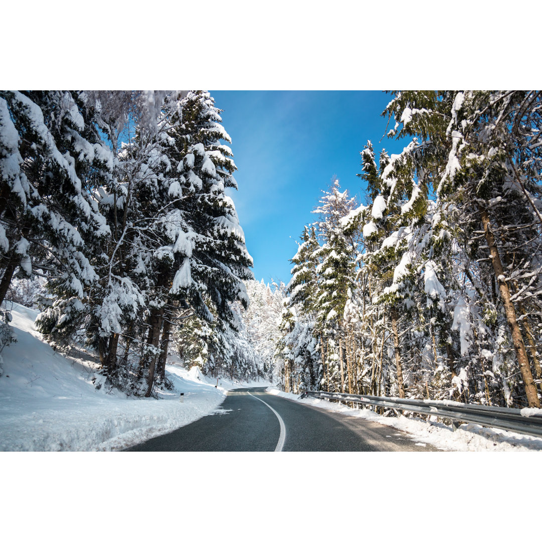 Winter Road Through The Forest von Sestovic - Druck auf Leinwand ohne Rahmen