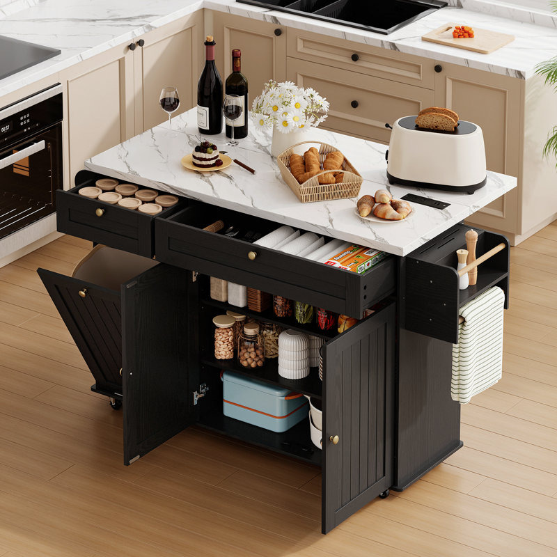 Îlot de cuisine l 60,2 po Jamera avec deux grands armoires de rangement et tiroirs, roues verrouillables, Black