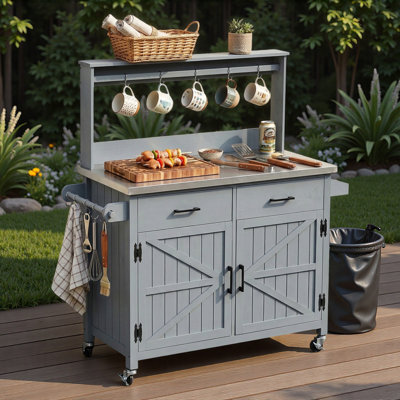 Outdoor Kitchen Island With High Shelf, Stainless Steel Top,storage Cabinets, Storage Cabinet, Spice Racks, Towel Rack And Internal Storage Racks