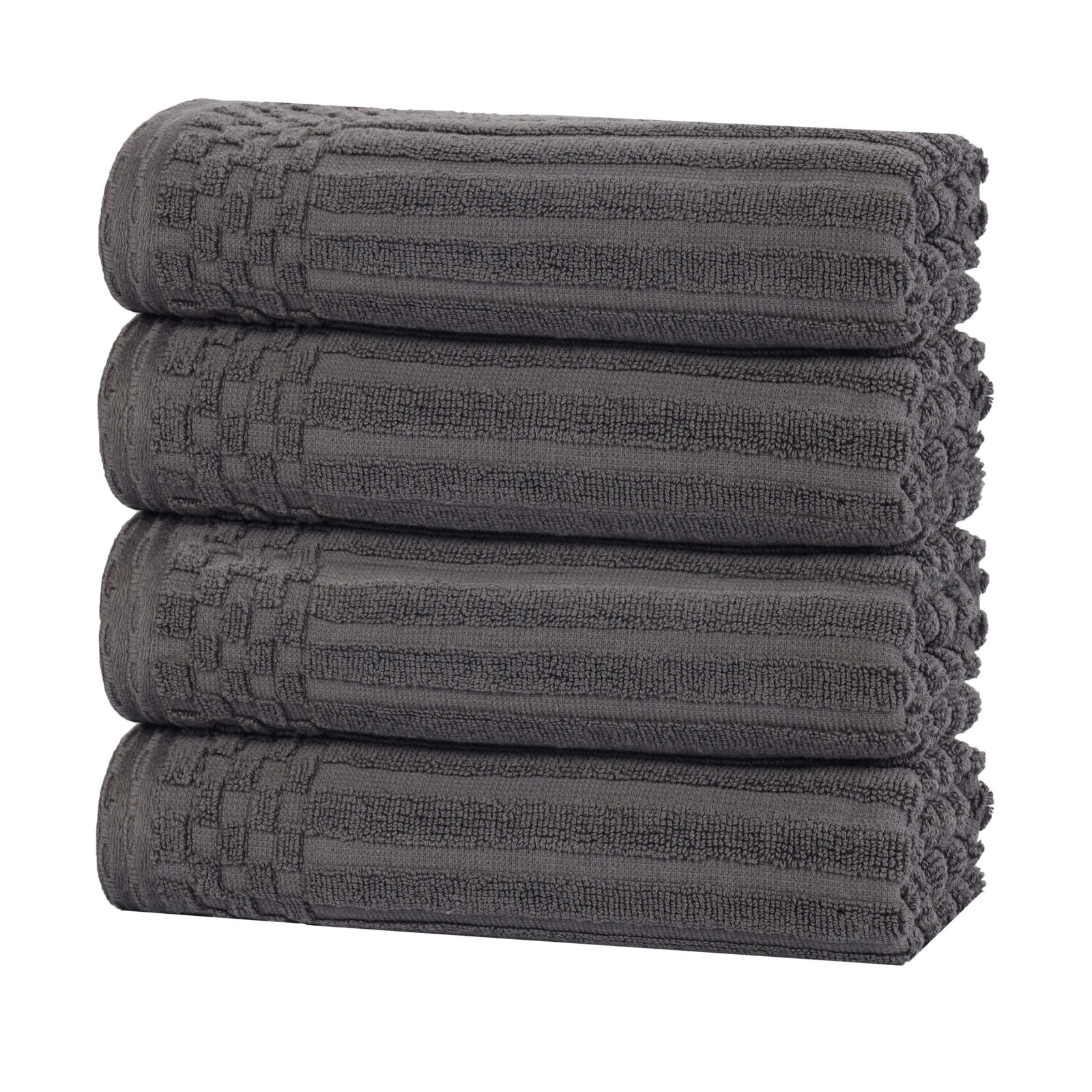 Checkered Border Cotton Hand Towel Set, Dark Grey