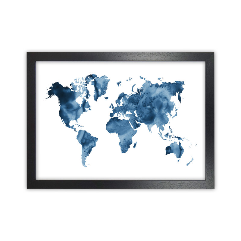 Watercolour World Map - Blue - Print, Black Framed Canvas, 25cm H x 34cm W x 3cm D