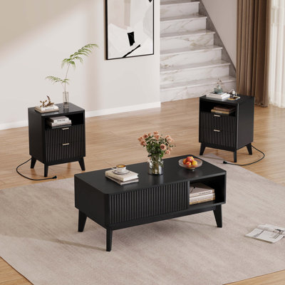 Lift Top Coffee Table Set With 2 End Table Set - Black Coffee Table & Side Tables With Charging Station