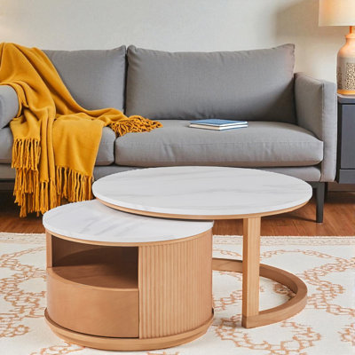 Table basse gigogne ronde avec plateau en marbre blanc, rangement et tiroir à 2 niveaux, naturel, 28,5 po