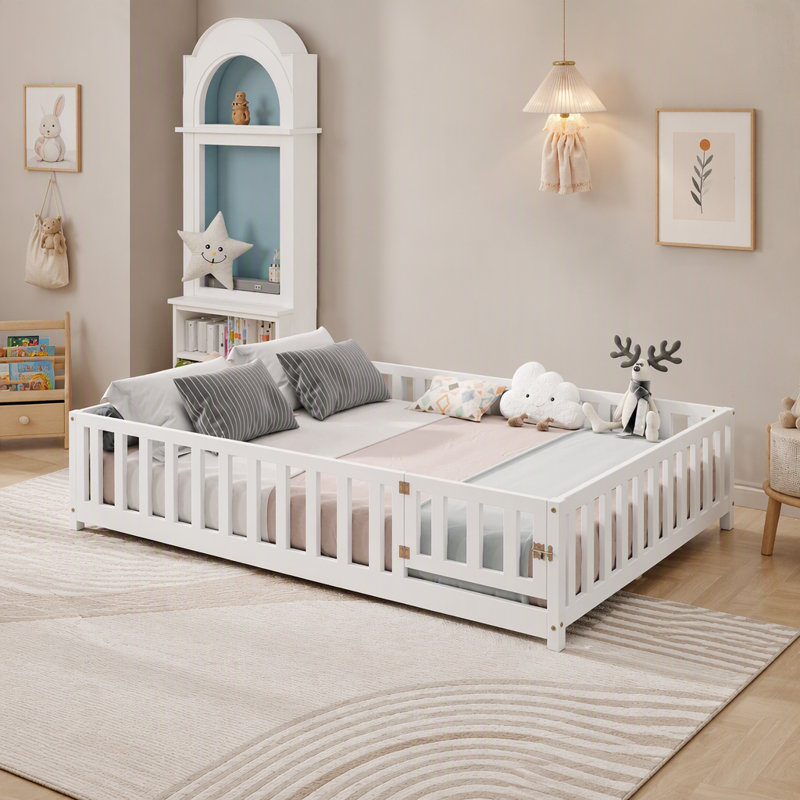 Full Size Floor Platform Bed With Fence And Door For Kids, Montessori Floor Bed Frame With Support Slats For Toddlers, Wooden Floor Bed