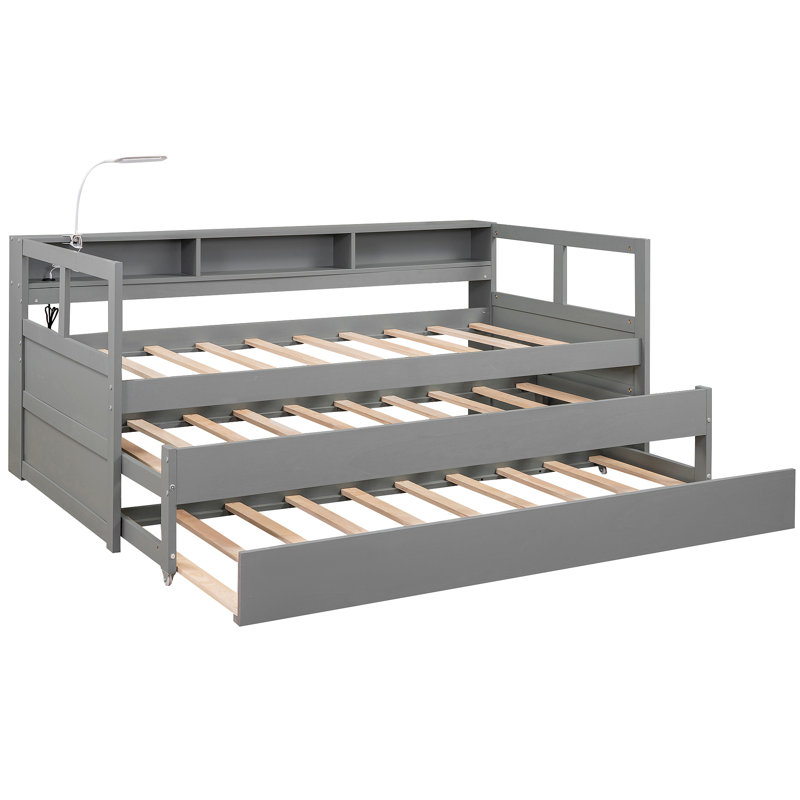 Lit de jour en bois avec 2 lits gigognes, 3 casiers de rangement, 1 lumière gratuite et charge USB, Gris