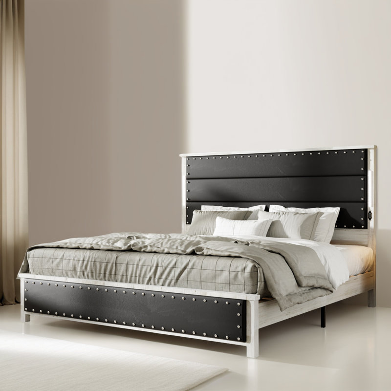 King Size Platform Bed Frame with Upholstered Headboard and 4 Storage Drawers, Très grand lit, Gris foncé