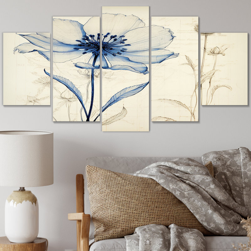 Illustration rétro de marguerite bleue II, reproduction d'art sur toile, 5 panneaux