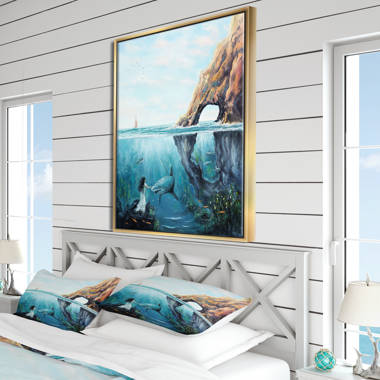 Bless international Underwater Fairy And Shark Ocean And Mountain World  Framed On Canvas Painting