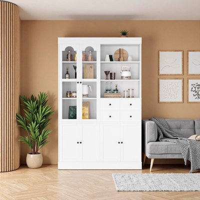 Buffet autoportant de 75 po de hauteur avec huche, garde-manger style campagne style Shaker avec 4 tiroirs, portes en verre trempé et plateaux coulissants, blanc