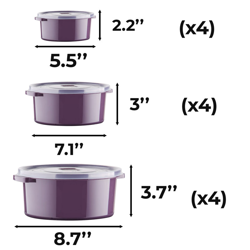 Ensemble de boîte de rangement durable mauve (12 pièces), sans BPA, 8,7 po de diamètre x 3,7 po de hauteur (4 pièces), 7,1 po de diamètre x 3,0 po de hauteur (4 pièces), 5,5 po de diamètre x 2,2 po de hauteur (4 pièces) | Idéal pour organiser et désencombrer