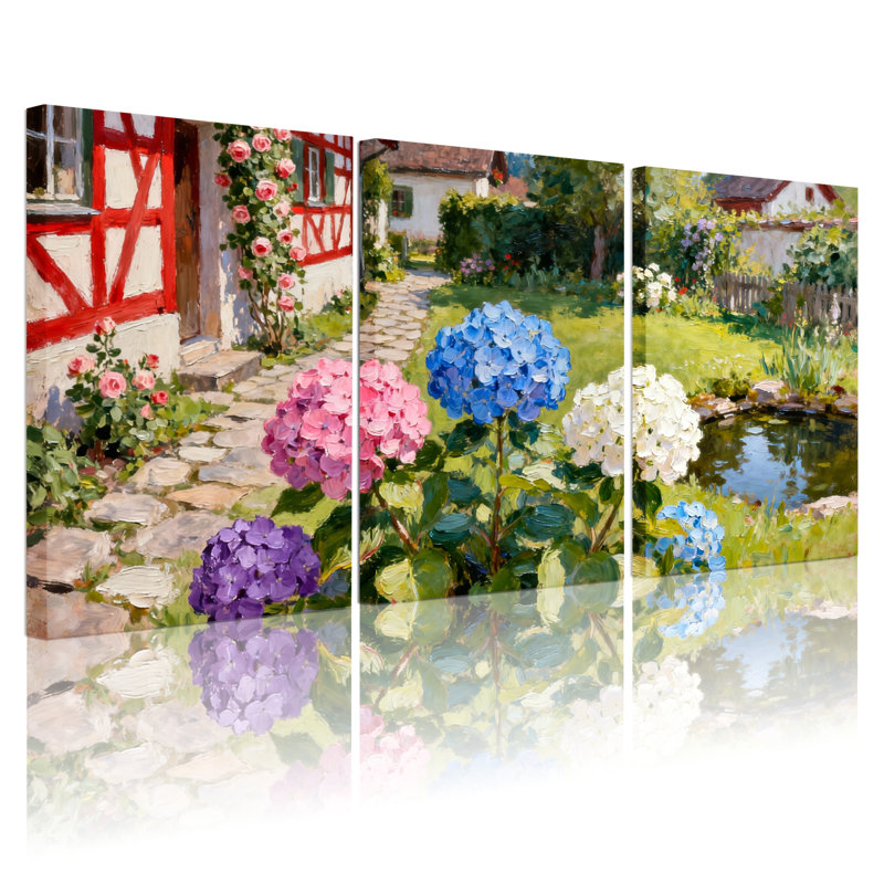 Ensemble de 3 tableaux sur toile représentant un jardin d'hortensias, H 24 po x l 48 po