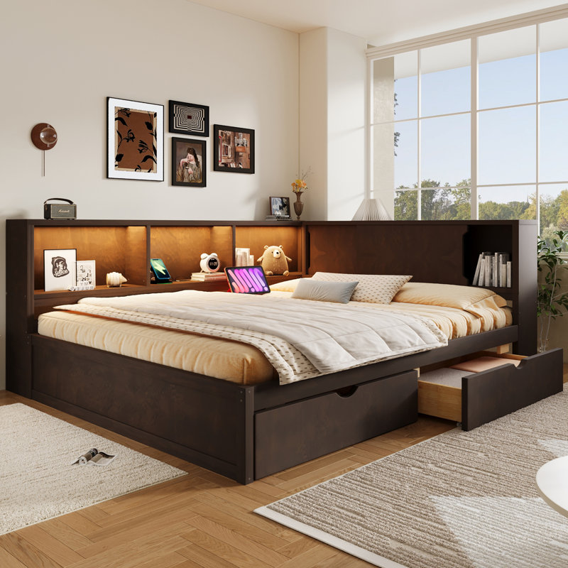 Wood Daybed with Shelves, USB Ports, LED Lighting & 2 Drawers, Brown