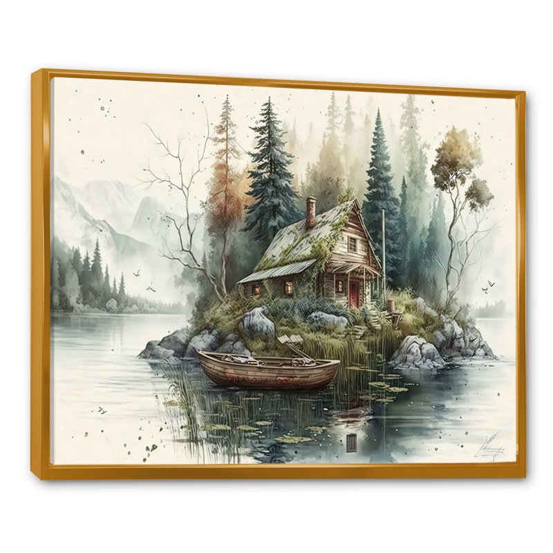 «Fishing House by the Lake I», peinture sur toile, H 24 po x l 32 po x P 1 po, Toile avec cadre flottant or
