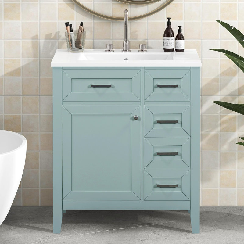 30'' Single Bathroom Vanity with Ceramic Top, Green/White