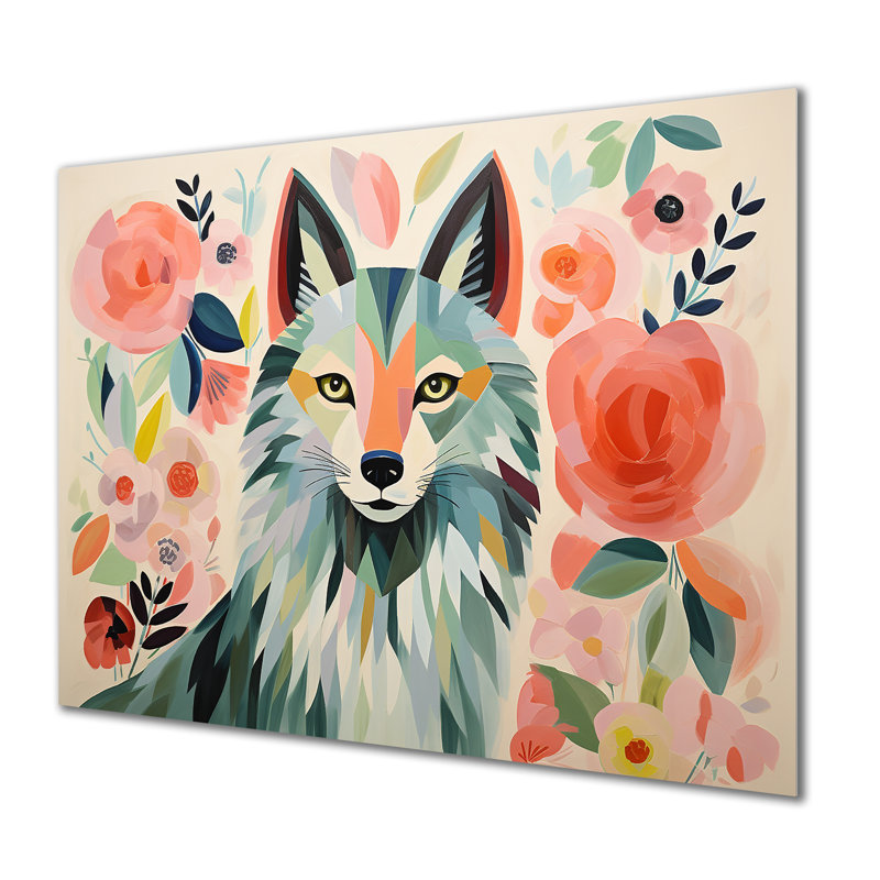 Rose et vert Boho Wolf Portrait III - loup, art mural en métal, H 30 po x l 40 po x P 1,5 po