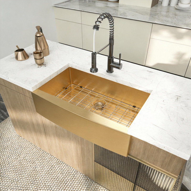 36"L x 21"W x 10"H Apron Front 304 Stainless Steel Single Bowl Kitchen Sink with Bottom Grid Roll up Rack and Drain, Gold
