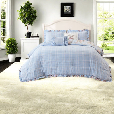 Blue Floral Bedding Sets, Full Queen Microfiber Comforter Set with Ruffles
