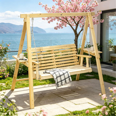 Balancelle 2 places avec support, balancelle de patio en bois avec tables d'appoint et chaînes en métal, banc suspendu pour l'extérieur