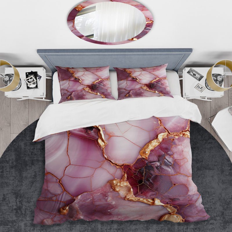 Ensemble de housse de couette abstrait rose et doré Marble River IV - Abstract, Housse de couette pour lit simple
