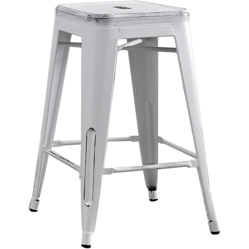 Tabourets de bar rétro en métal (sans dossier) (de 2), siège de 24 po, poids, quatre pieds avec embouts en caoutchouc, contreventement renforcé, aucun assemblage requis, couleur blanc industriel vieilli contemporain, empilable, solide