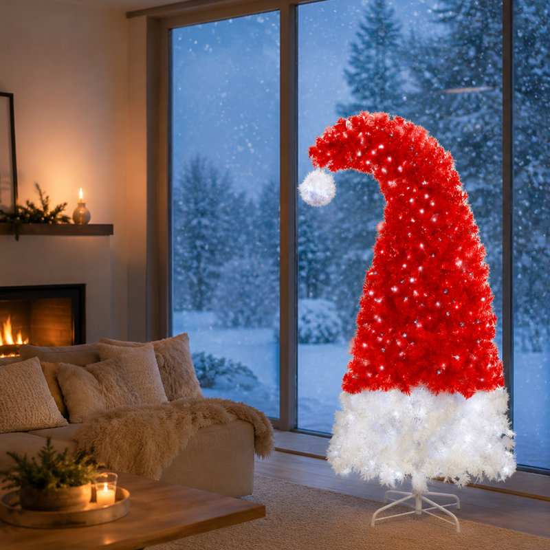 Arbre de Noël artificiel en forme de chapeau de père Noël 84 pouces avec 300 lumières DEL, arbre de Noël courbé fantaisiste avec 1050 pointes, arbre de Noël rouge et blanc avec support en métal