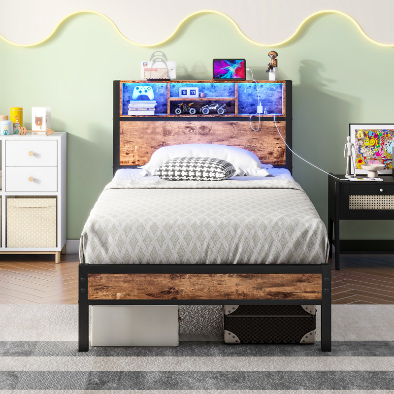 Twin Size Bed Frame With Metal Storage Headboard, Charging Outlets, Led Lighting, Stable Build, Under Smart Led, Bed, No Box Spring, Room