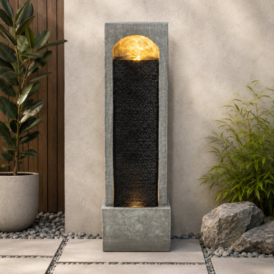 Outdoor Water Fountain with Warm LED Lights, 39.4" Modern Resin Water Wall Fountain