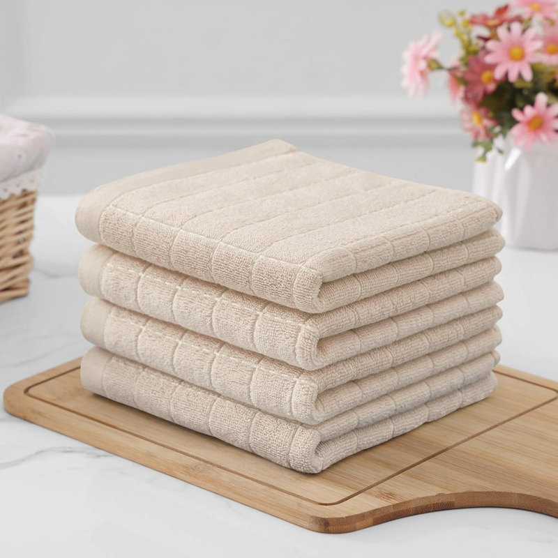 Linges à vaisselle 100% coton éponge à carreaux, doux et super absorbants, paquet de 4, Beige