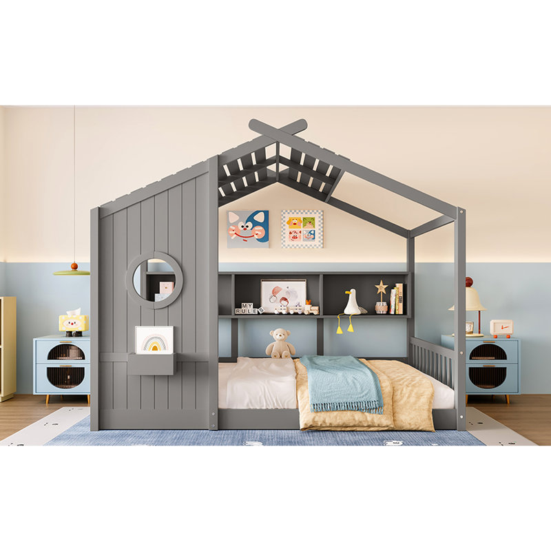 Gray Full Size Floor House Bed With Features, Storage Shelf, And Playhouse Wonder Roof, Growth Space, Gray, Full