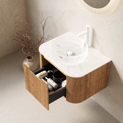 24" Wall - Mounted Bathroom Vanity With Crystal Glass Sink, Natural Wood Finish, Easy Installation