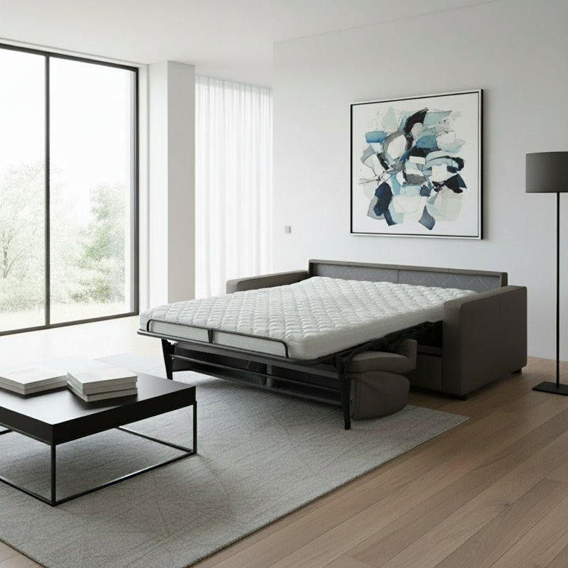 Isabelle 81" Genuine Italian Top Grain Leather Queen Sleeper Sofa Bed with Memory Foam Mattress