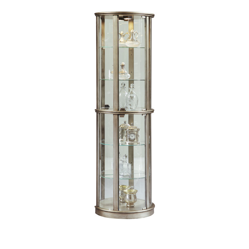 Armoire vitrée illuminée à 5 tablettes semi-rondes en argent vieilli