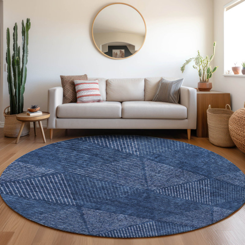 Tapis bleu marine intérieur / extérieur en polyester tissé à la machine Lummus, Rond 8 pi