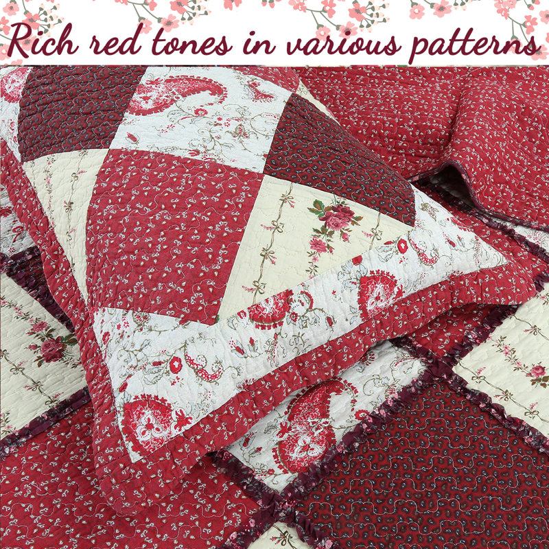 Queen Red Cotton Reversible Patchwork Quilt Set