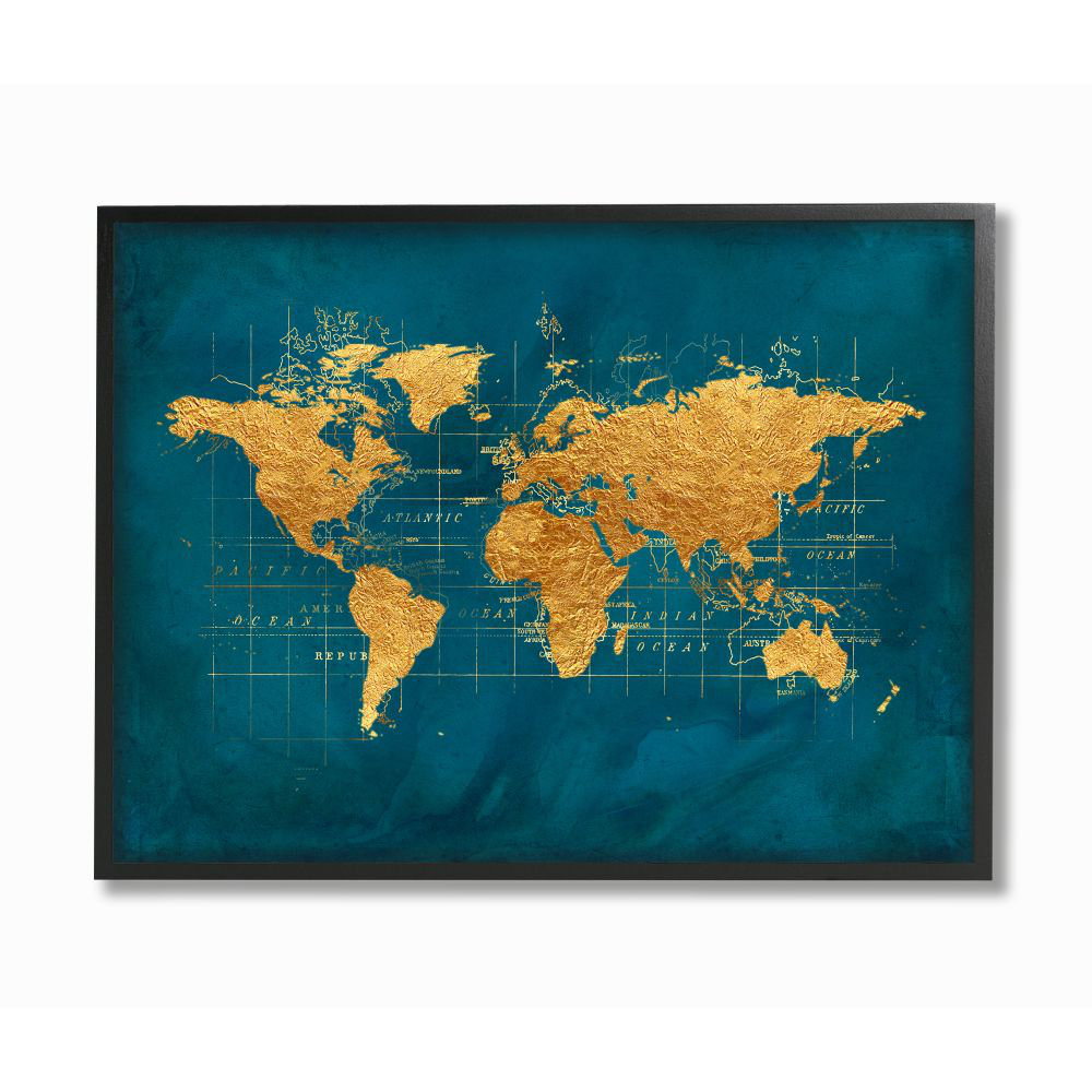 " World Map Gold Blue Texture Watercolor Chart Design " by Beth Albert Charlton Home®
