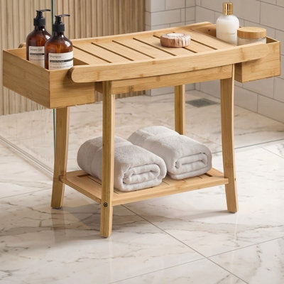 Bamboo Shower Bench with Side Storage, Natural Wood Bath Seat