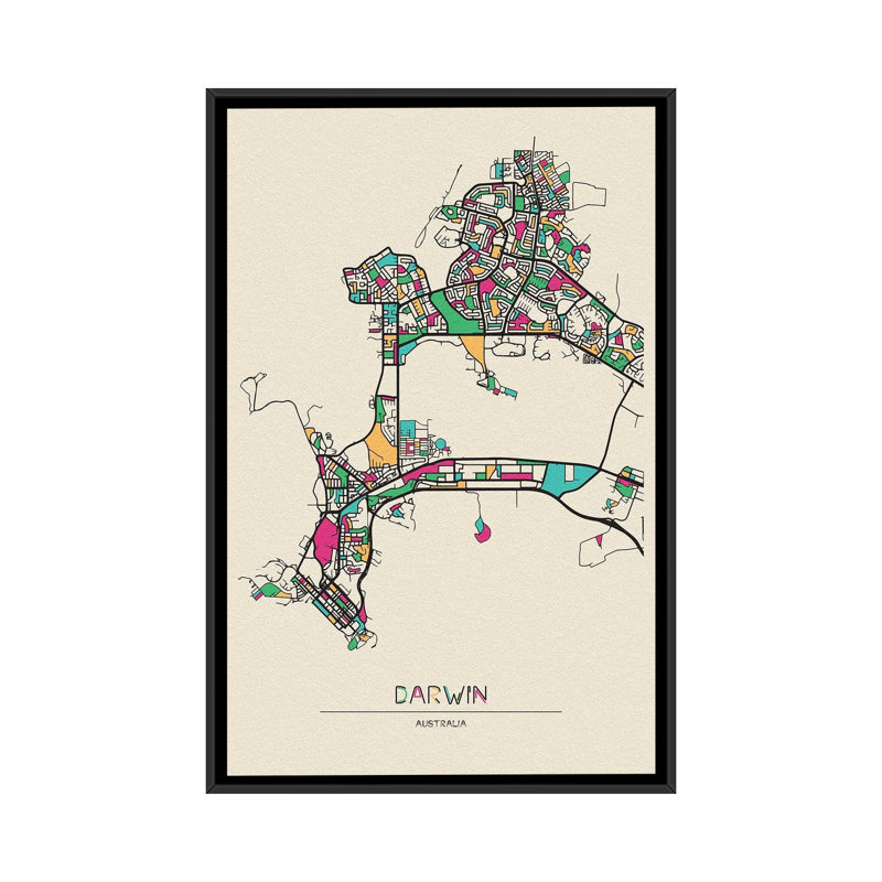 Darwin, Australia Map by Ayse Deniz Akerman - Floater Frame Print on Canvas
