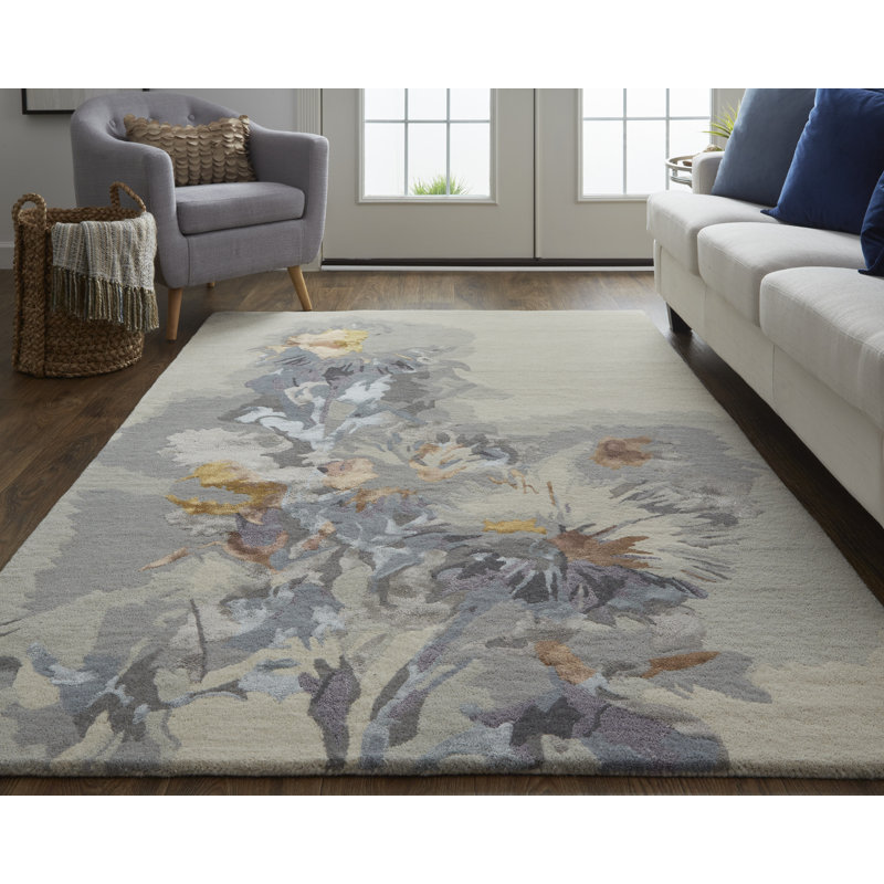 Tapis décoratif floral et botanique, gris / bleu / orange Dafney, Carré 1 pi 6 po