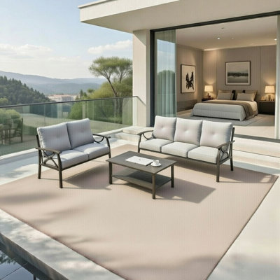 3-Piece Metal Patio Furniture Set, 5-Seat All-Weather Conversation Sofa With 4" Thick Cushions, Coffee Table For Porch Backyard Garden