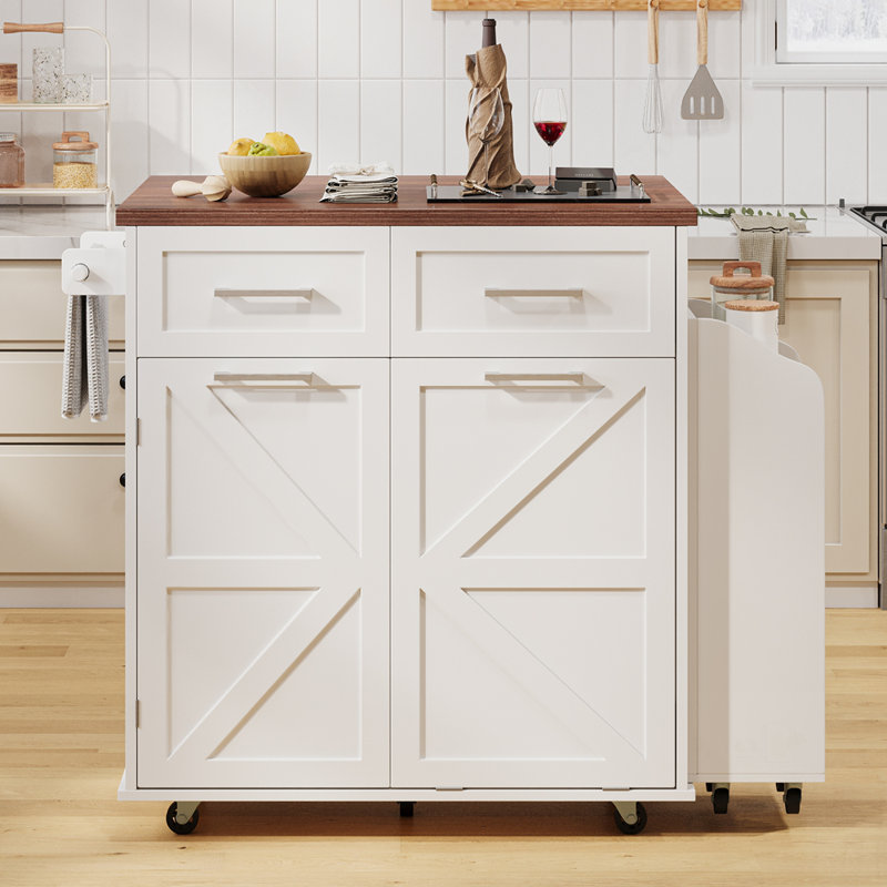Farmhouse Kitchen Island with Drop Leaf, Spacious Storage, Removable Side Racks, and Rolling Wheels for Versatile Use, White