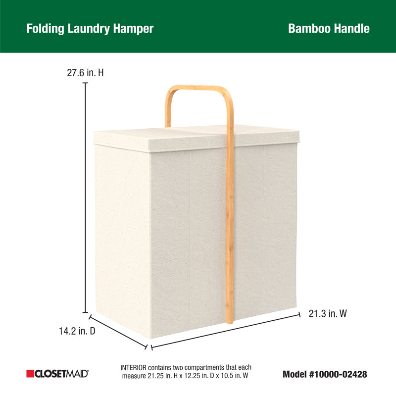 Beige Collapsible Laundry Hamper with Bamboo Handle and Lid