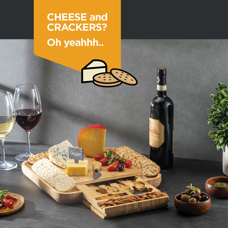 Eco-Friendly Light Brown Bamboo Cheese Board Set with Cutlery Drawer