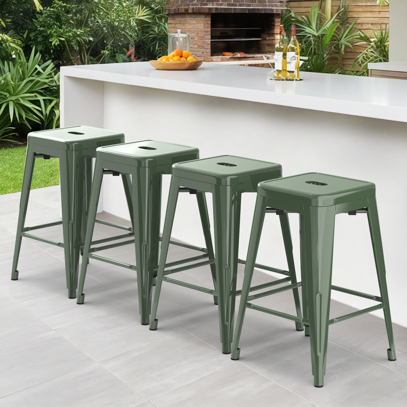 Stool with Metal Frame,Metal Bar Stools, Backless Counter Height Barstools, Indoor Outdoor Stackable Stools With Square Seat