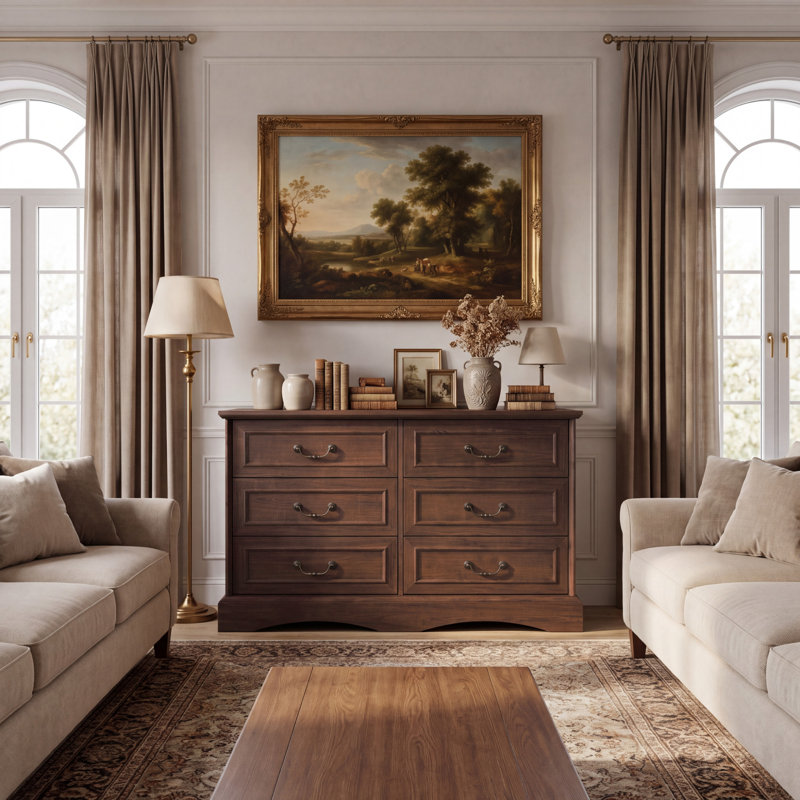 Commode 6 tiroirs en bois rétro avec large commode de rangement avec poignées en métal pour la chambre à coucher, le salon et le couloir