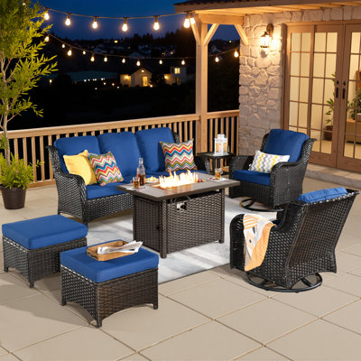 Cracraft 7-Piece Patio Furniture Set with 42" Fire Pit Table, Outdoor Wicker Sofa with Swivel Rocking Glider Chairs, High Back Rattan Conversation Set for Patio, Deck, Backyard, and Front Porch
