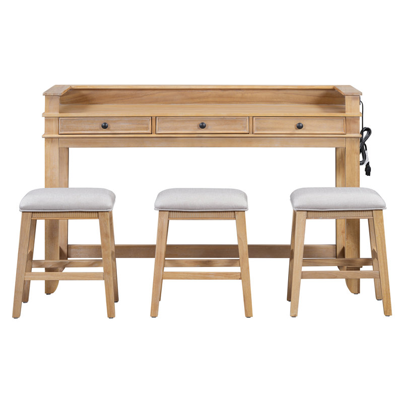4-Piece Dining Bar Table Set With 3 Upholstered Stools, Multifunctional Dining Table With 3 Drawers,USB Port And A Power Strip